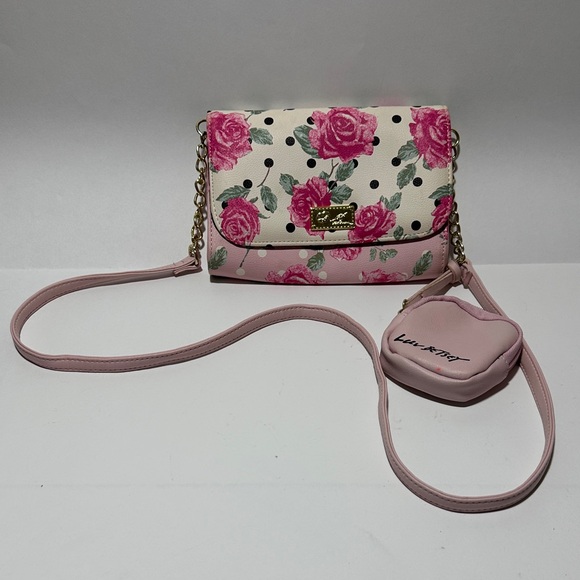 Luv Betsey Handbags - Luv Betsey by Betsey Johnson Rose Print Pink Crossbody Bag - Chain Strap & Pouch